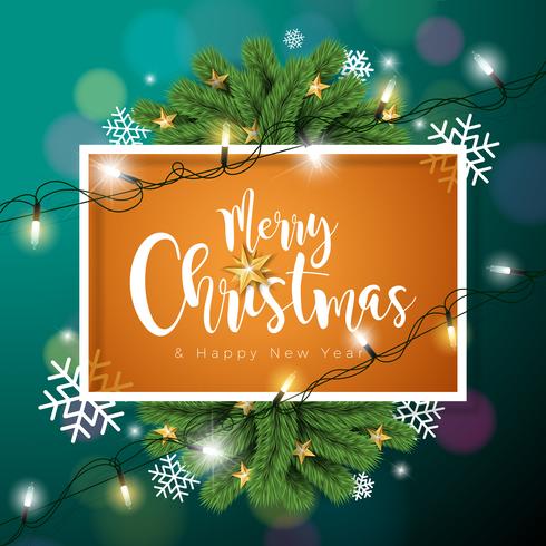 Vector Merry Christmas-illustratie op Donkergroene Achtergrond met Typografie en Vakantie Lichte Slinger, Pijnboomtak, Sneeuwvlokken en sierbal.