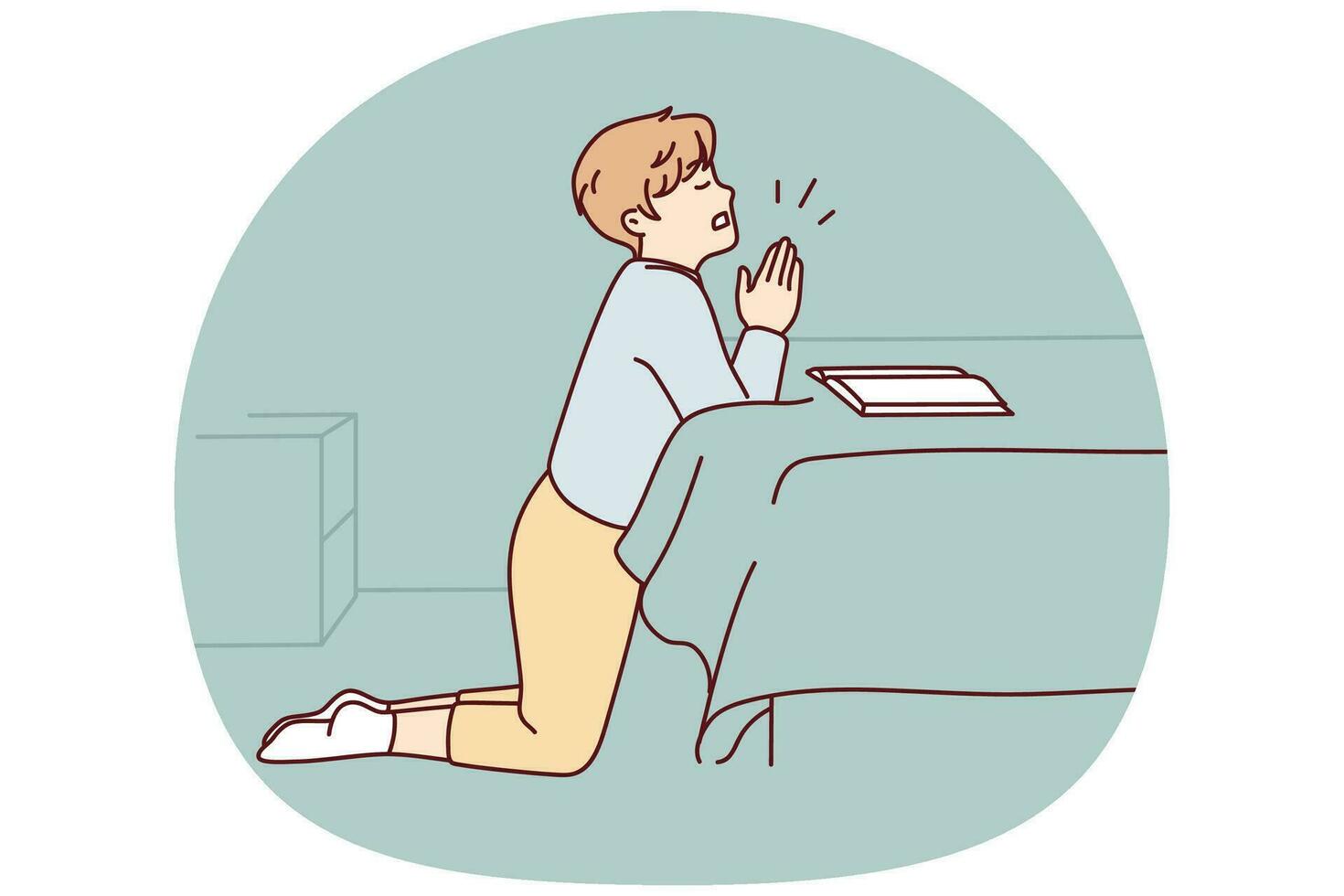 klein jongen knielen in slaapkamer bidden met handen toetreden Bij huis. weinig kind houden handen in gebed pratend naar god. religie en vertrouwen. vector illustratie.