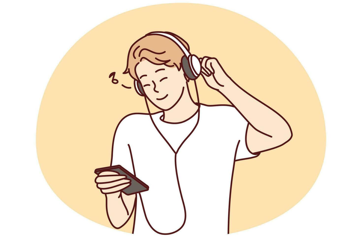 glimlachen jong Mens in hoofdtelefoons luister naar muziek- Aan mobiele telefoon. gelukkig millennial vent in oortelefoons genieten mooi zo kwaliteit geluid Aan smartphone. vector illustratie.