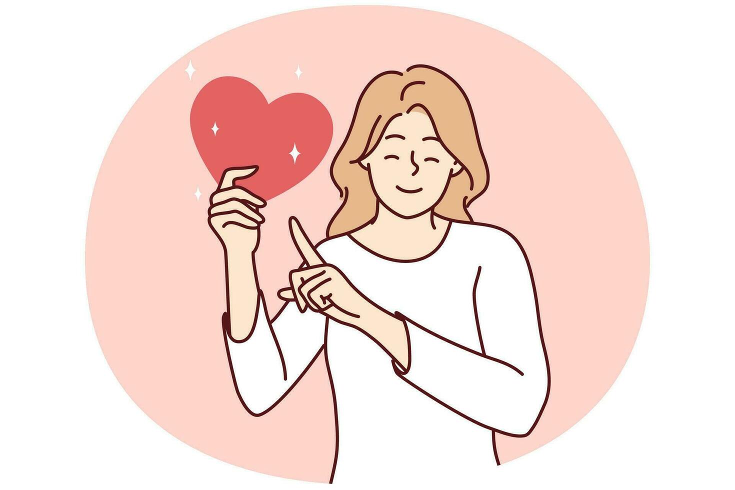 gelukkig jong vrouw houden hart tonen met vinger vragen voor bijdrage of liefdadigheid investering. glimlachen meisje punt Bij liefde symbool in handen. genegenheid en zorg. vector illustratie.