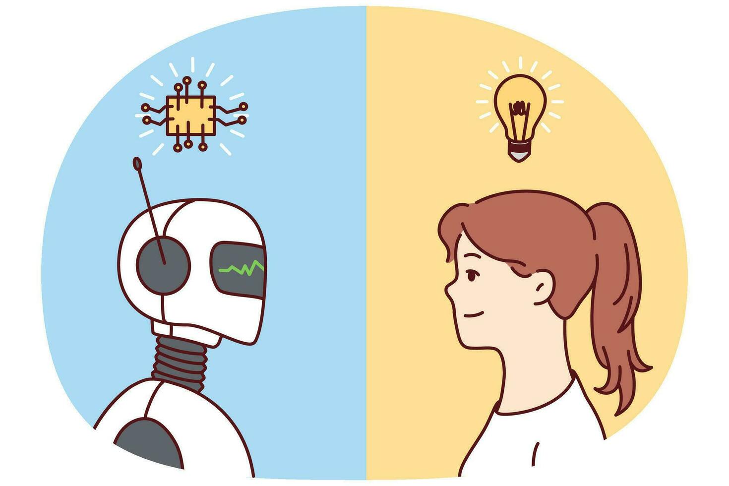 jong vrouw met gloeilamp bovenstaand hoofd en robot uitwisseling gedachten genereren ideeën. concept van kunstmatig intelligentie- en menselijk intellect. vector illustratie.