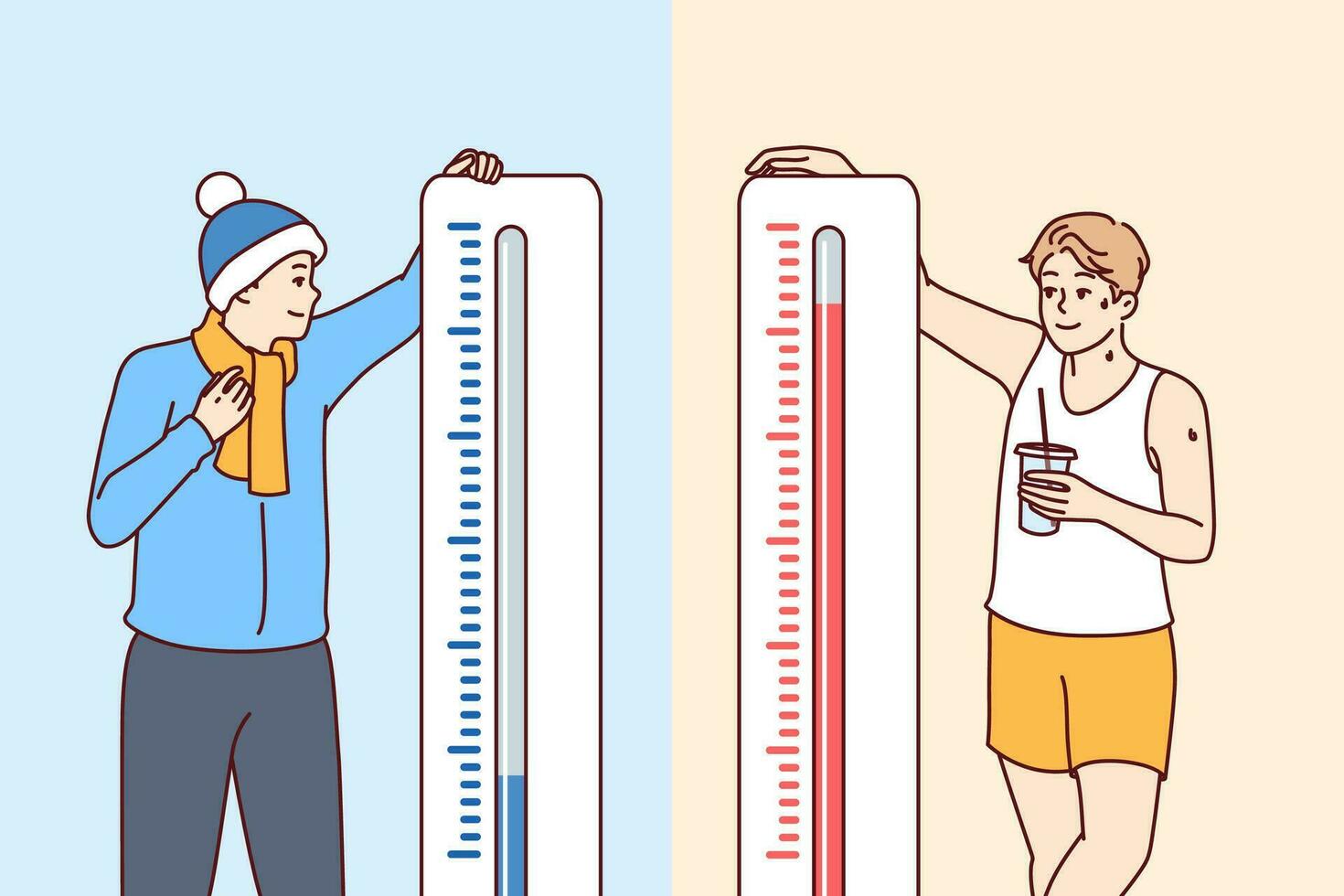 Mens staat in de buurt thermometers tonen verschillend temperaturen en voelt warmte of verkoudheid vector