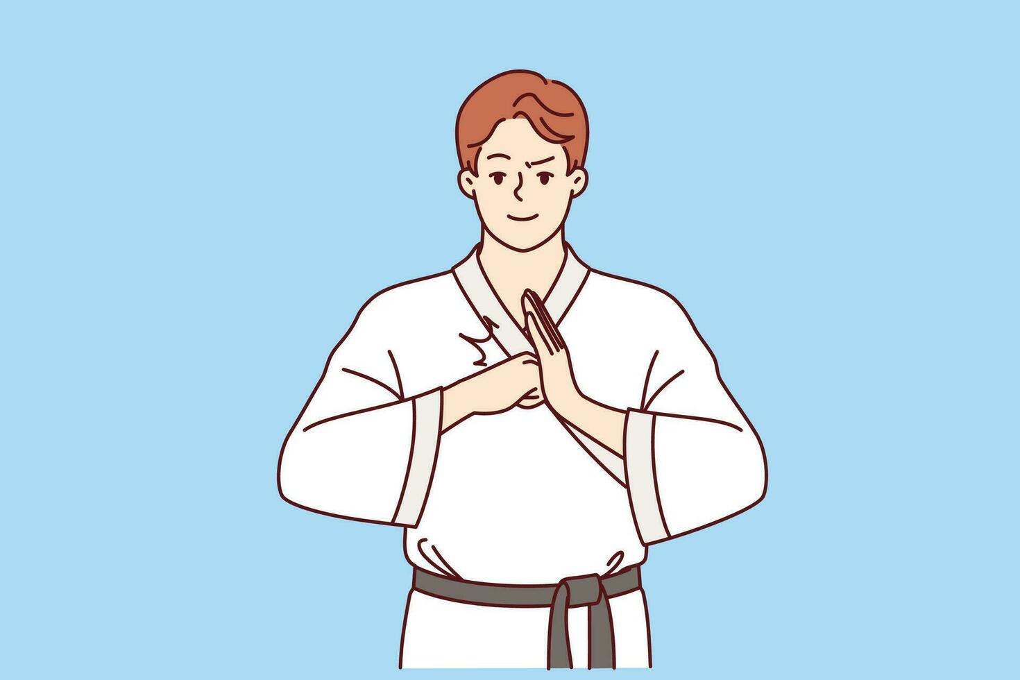 Mens vechter in karate of taekwondo kleren maakt gastvrij gebaar naar nodig uit tegenstander naar begin gevecht. vent is geïnteresseerd in karate en aan het studeren zelfverdediging technieken naar in stand houden sport- levensstijl vector