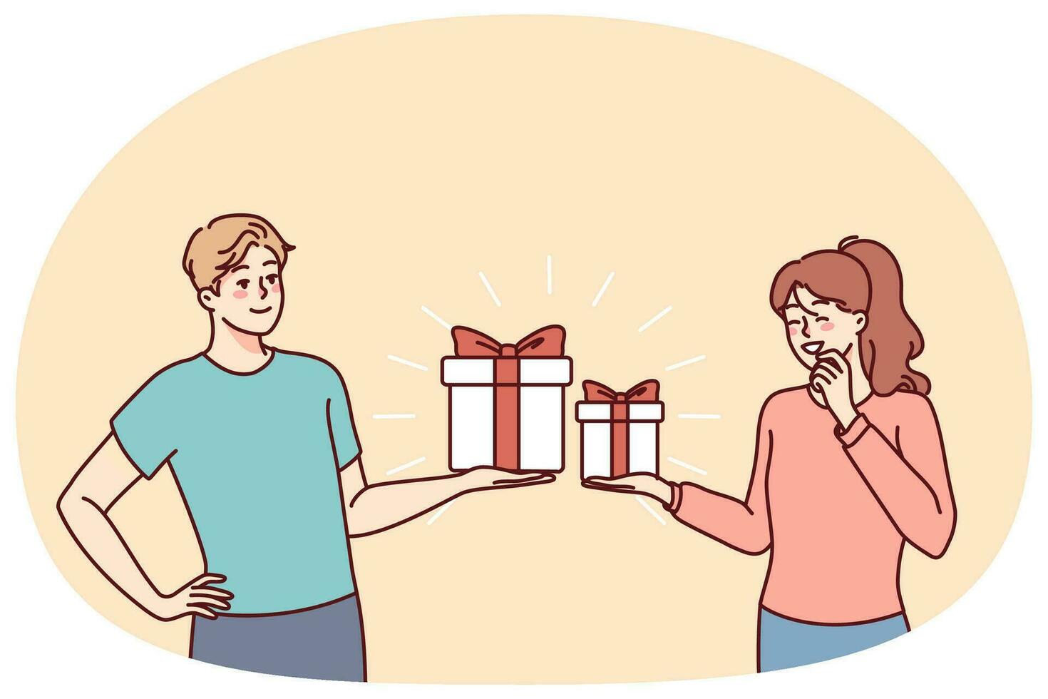gelukkig paar uitwisseling presenteert voor Valentijn dag. glimlachen Mens en vrouw maken verrassing geven cadeaus Aan speciaal gelegenheid. vector illustratie.