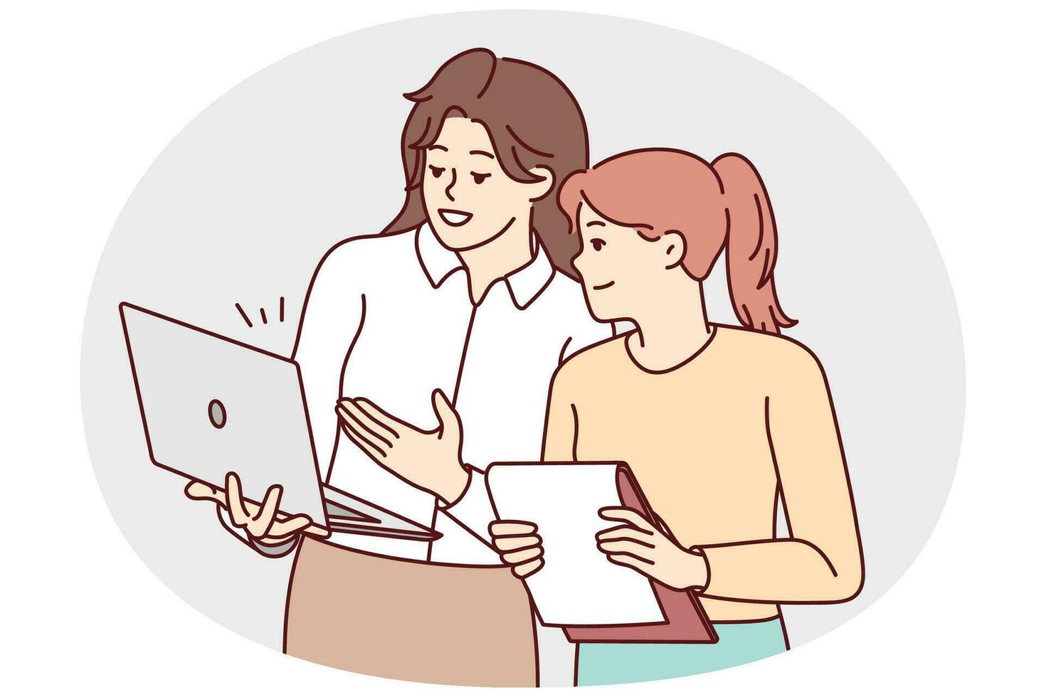 onderneemsters brainstorming gebruik makend van laptop samen. vrouw medewerkers samenwerken bespreken bedrijf ideeën Aan computer. vector illustratie.
