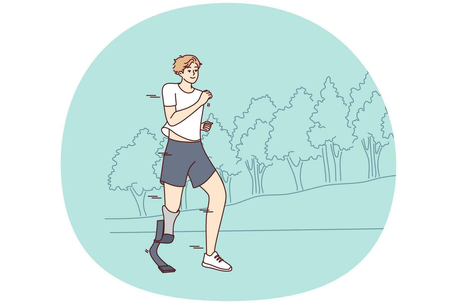 glimlachen jong Mens met prothetisch been rennen in park. gelukkig gehandicapt mannetje met prothese jogging opleiding buitenshuis. onbekwaamheid en normaal leven. vector illustratie.