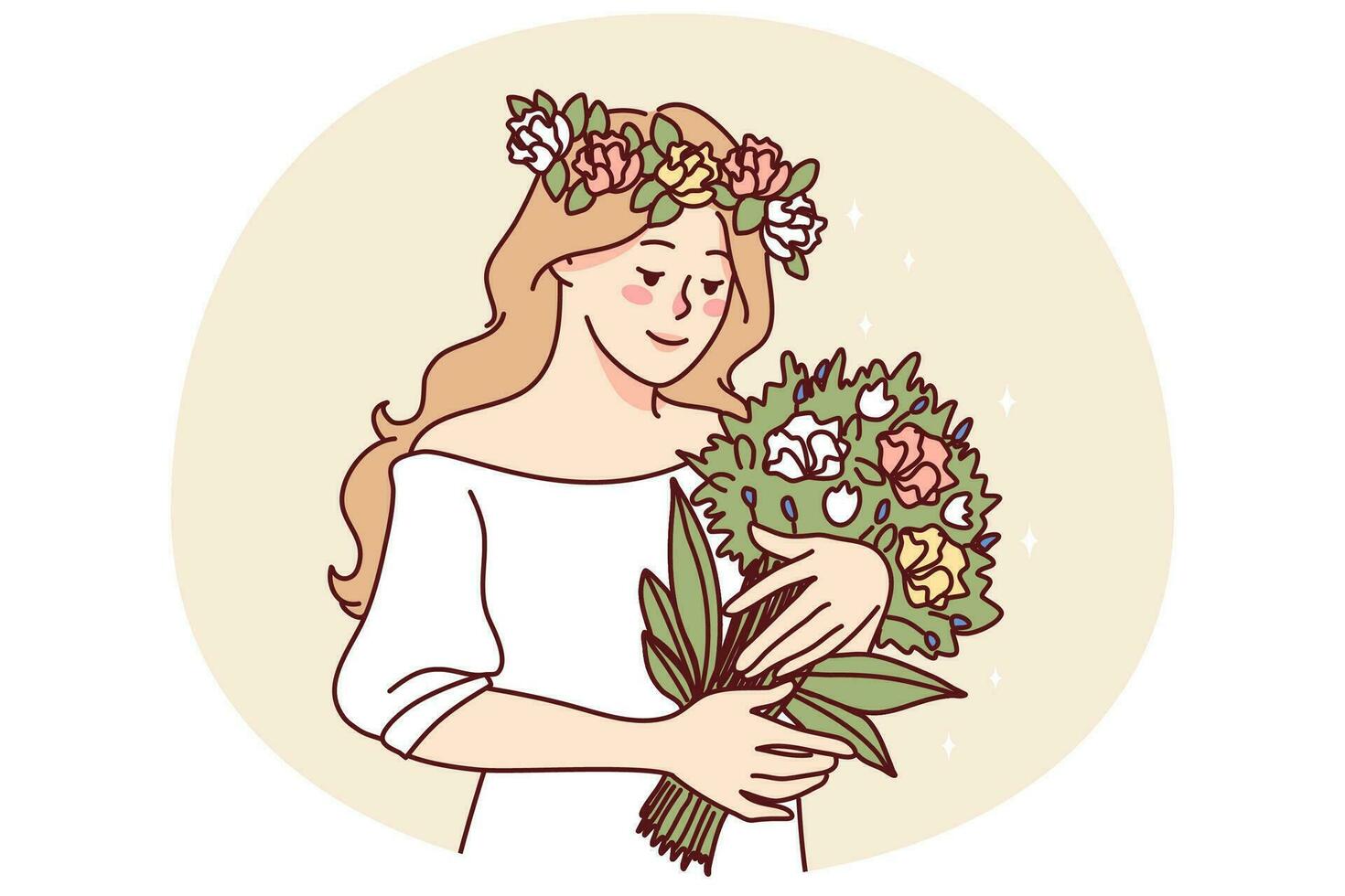 gelukkig vrouw met bloem krans Aan hoofd Holding mooi boeket. glimlachen meisje genieten zomer bloemen in handen. mooi zo mentaal Gezondheid. vector illustratie.