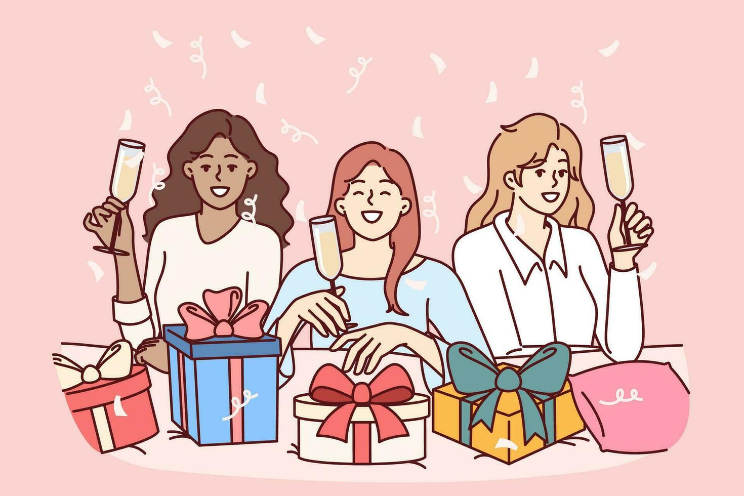 Dames vieren vrijgezellin partij en wens vriendin gelukkig verjaardag, drinken Champagne en presenteren dozen met geschenken. verschillend vriendinnetjes poseren met glimlach gedurende pret vrijgezellin partij vector