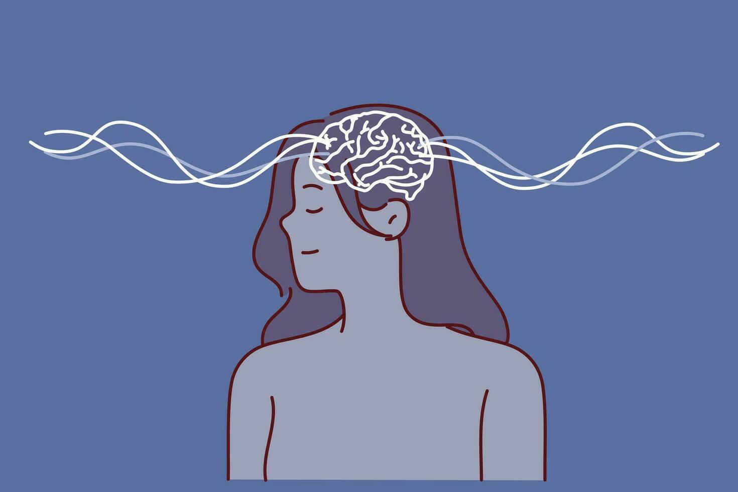 vrouw toepassingen telepathie, poseren met golven verspreiden van hersenen naar uitwisseling informatie van een afstand vector