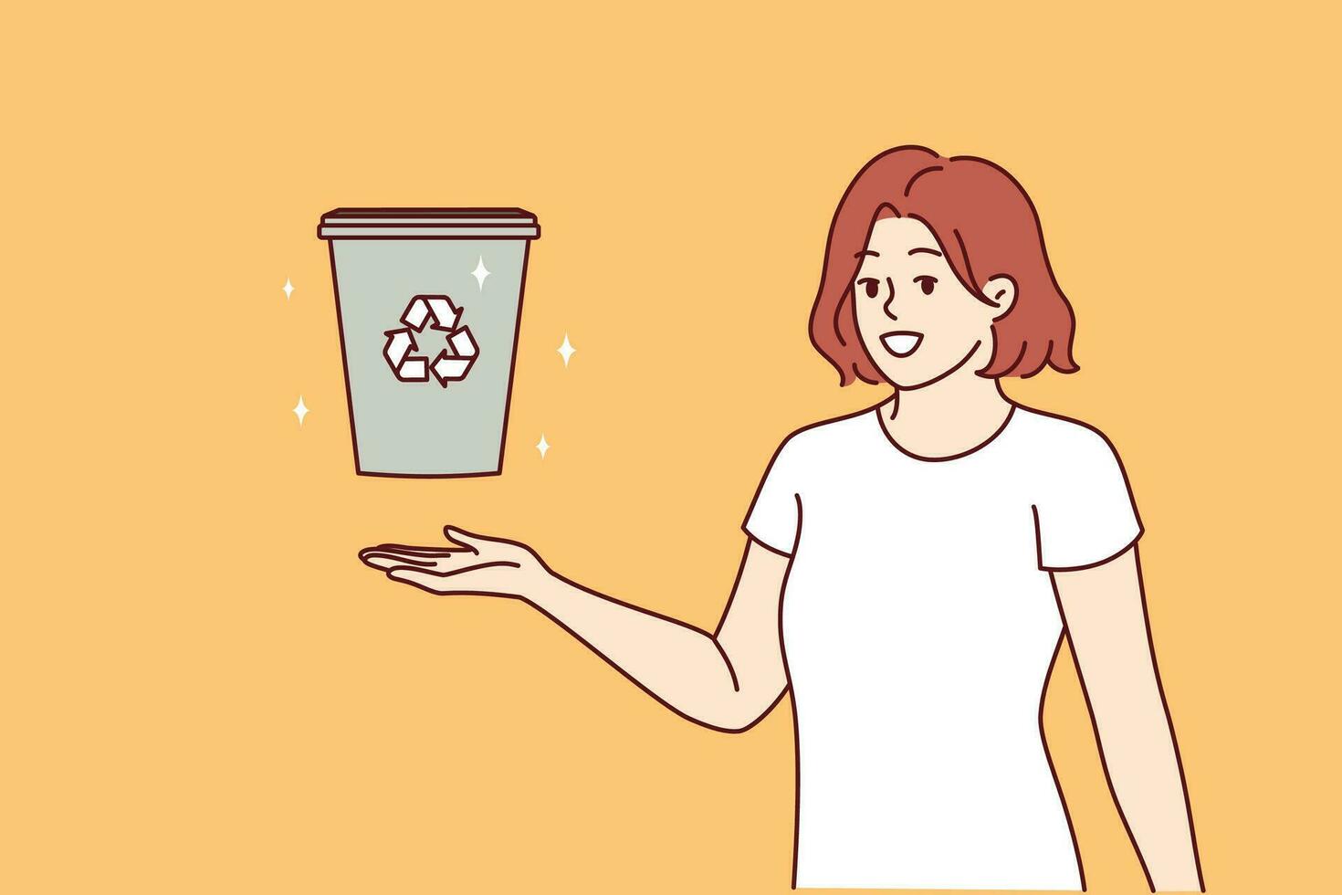 vrouw wordt weergegeven uitschot kan met recycling teken en oproepen voor sorteren vuilnis naar nemen zorg milieu vector