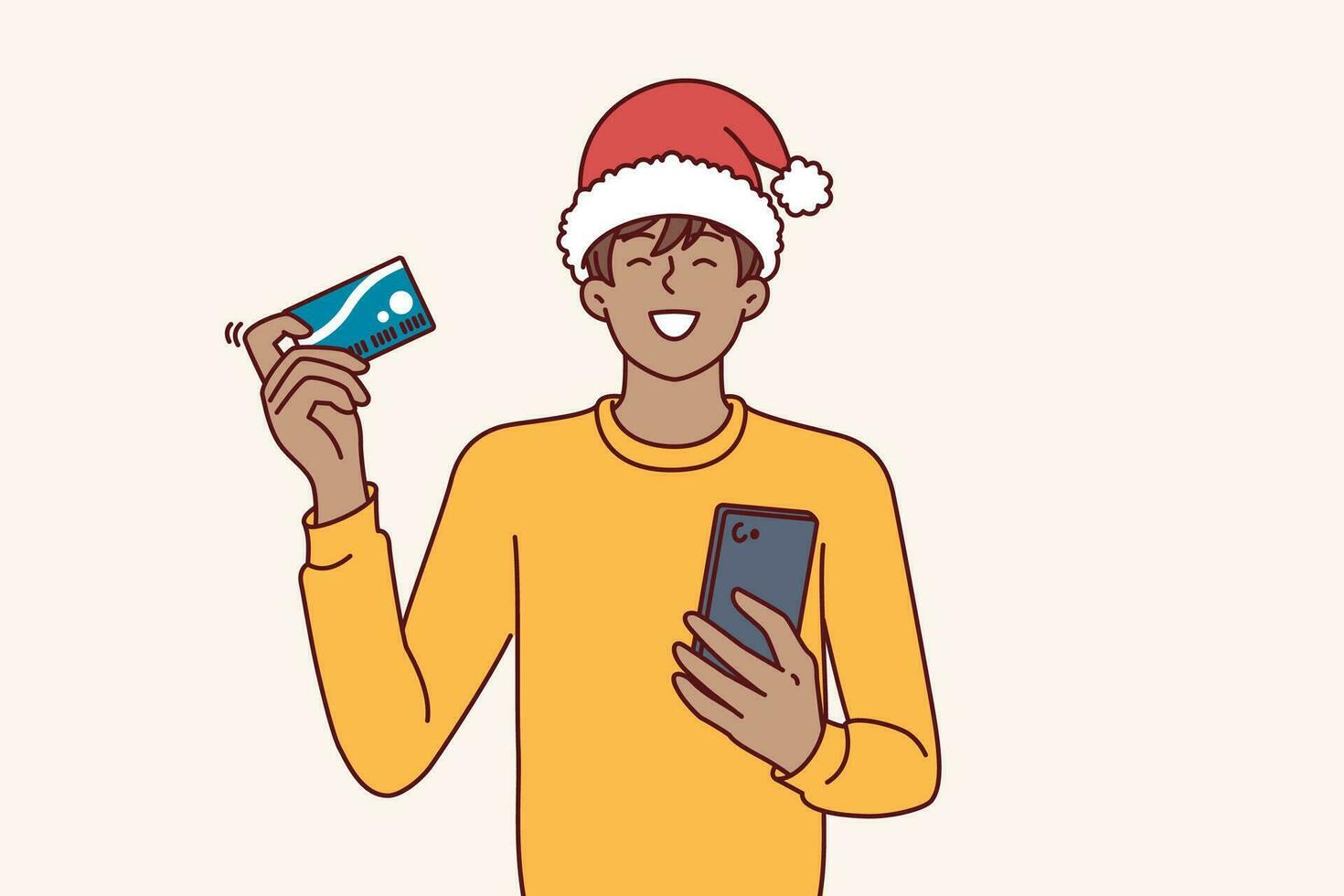 Kerstmis Mens shopaholic houdt telefoon en credit kaart voor online aankoop goederen met koerier levering vector