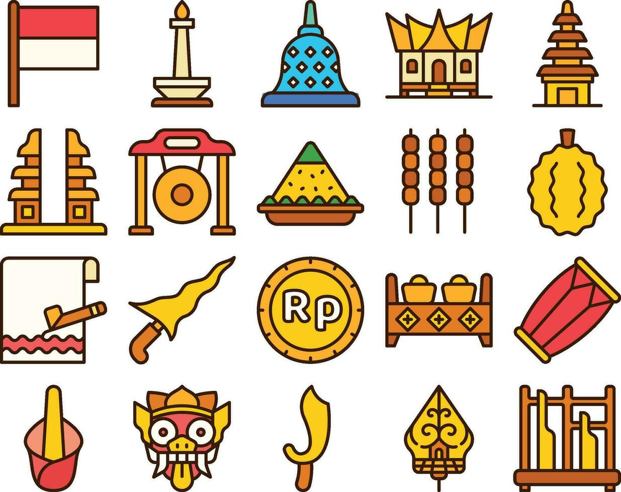 Indonesië cultuur en mijlpaal icoon set. vector illustratie.