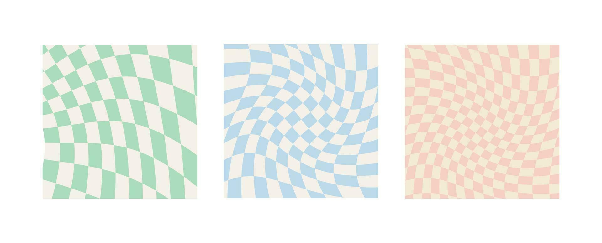 reeks van gedraaid schaakbord achtergronden in pale pastel kleuren. groovy hippie schaakbord patroon. retro golvend Jaren 60 jaren 70 abstract psychedelisch ontwerp. katoenen stof vector behang verzameling voor afdrukken.