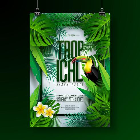 Vector zomer Tropical Beach Party Flyer Design met Toucan, bloem en typografische elementen op exotische blad achtergrond. Zomer natuur floral elementen