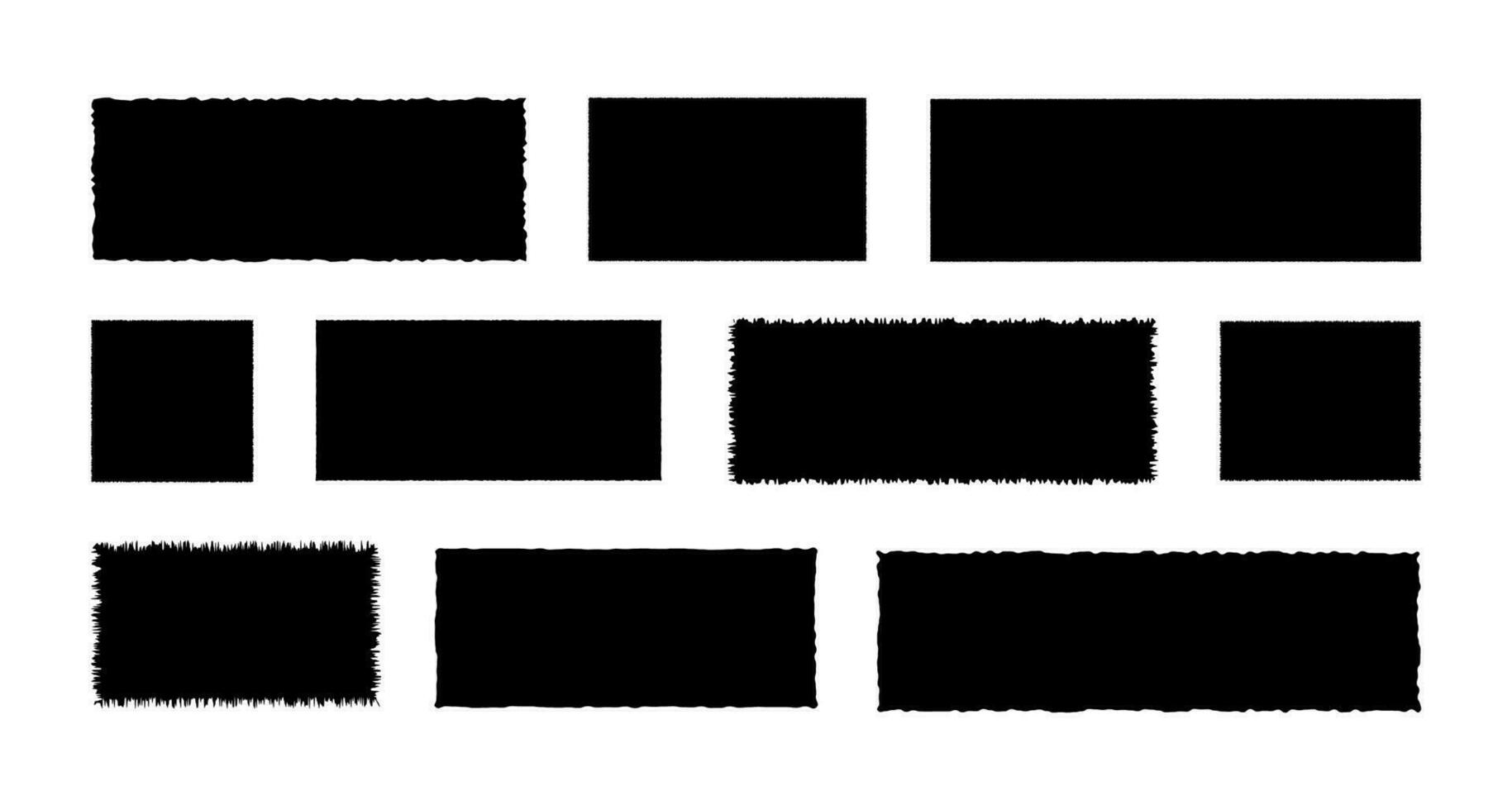 gekarteld vormen, gescheurd papier set. gescheurd rechthoek kaders met gekarteld randen, getextureerde grunge elementen. zwart silhouetten, vector illustratie geïsoleerd in achtergrond.