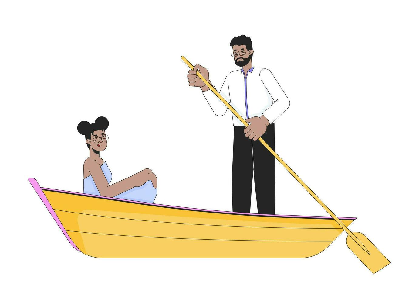 Afrikaanse Amerikaans heterosexual paar Aan romantisch boot rijden 2d lineair tekenfilm karakters. smoorverliefd schatjes geïsoleerd lijn vector mensen wit achtergrond. meer romance kleur vlak plek illustratie