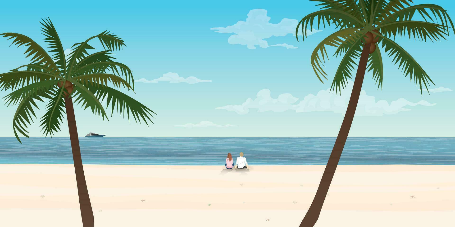 paar van minnaar zittend Aan de strand met jacht Bij de horizon vector illustratie. op reis datum concept vlak ontwerp.
