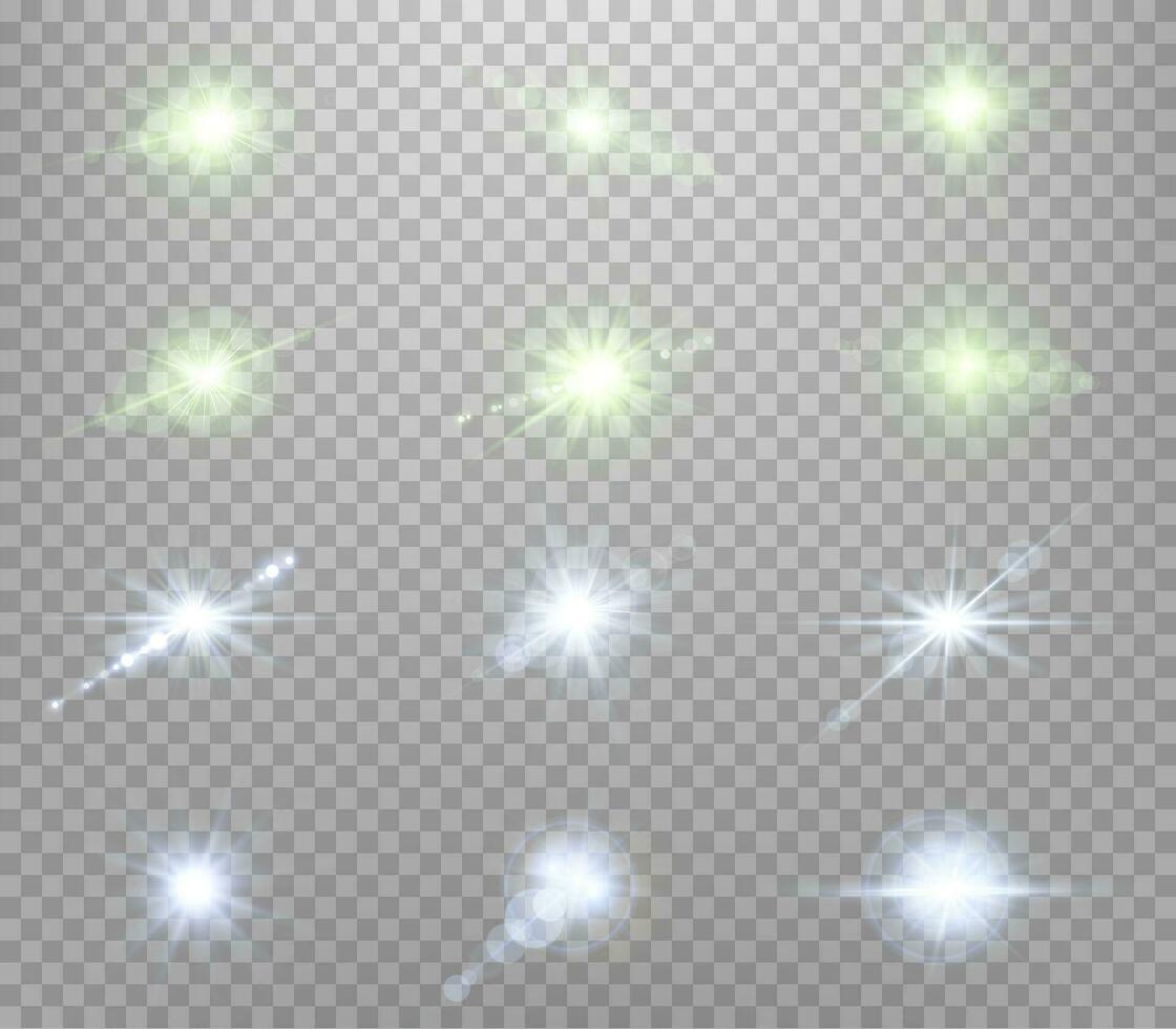 groen en blauw lens fakkels set. zon flash met stralen of spotlight en bokeh. gloed gloed licht effect. vector illustratie.