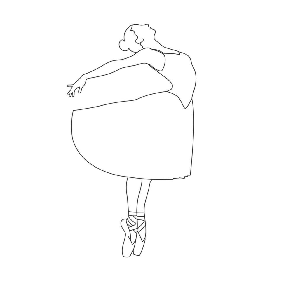 mooi ballet danser is poseren, jong bevallig vrouw ballet danser, jong ballerina staand in ballet poses lijn kunst vector