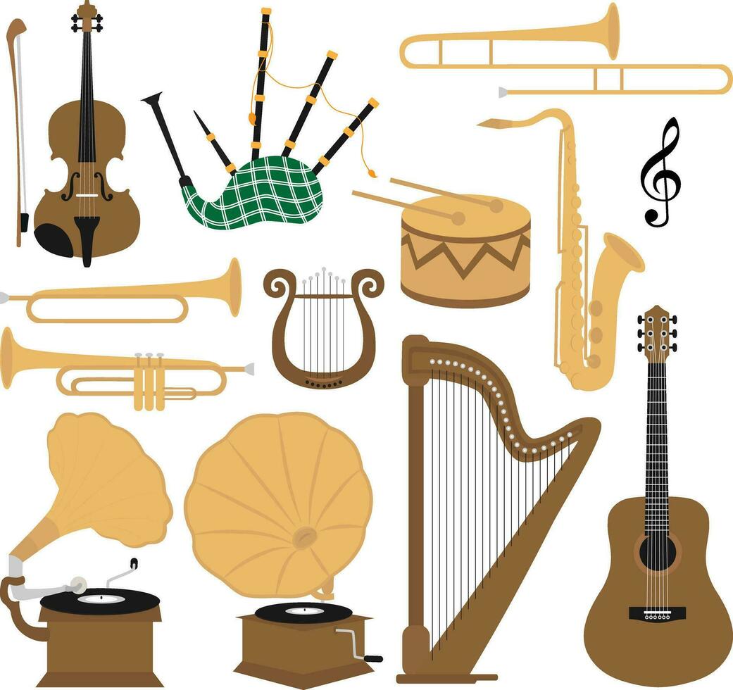 klassiek musical instrumenten vector klem kunst. wijnoogst viool, gitaar, saxofoon, doedelzak, grammofoon, lier