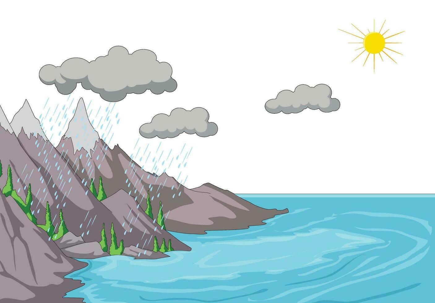 vector illustratie tonen rivier, bergen, wolken en zon