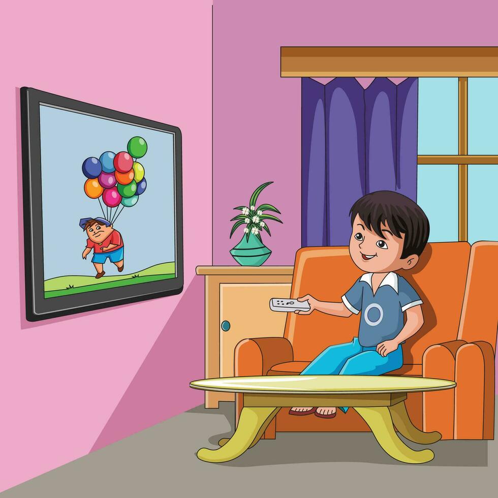 weinig jongen zittend Aan de sofa met afgelegen in zijn handen en aan het kijken televisie vector illustratie