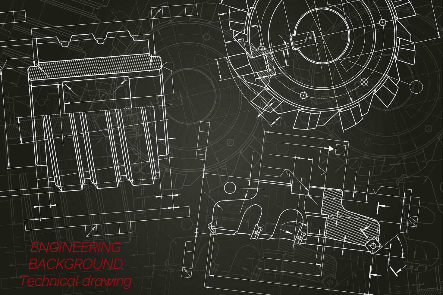 mechanisch bouwkunde tekeningen Aan zwart achtergrond. snijdend hulpmiddelen, frezen snijder. technisch ontwerp. omslag. blauwdruk. vector illustratie