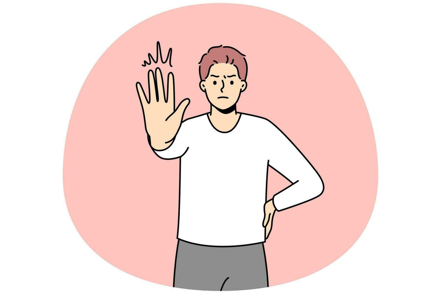 beslissend jong Mens tonen Nee hand- gebaar. echt mannetje demonstreren hou op teken. non-verbaal communicatie en lichaam taal. vector illustratie.