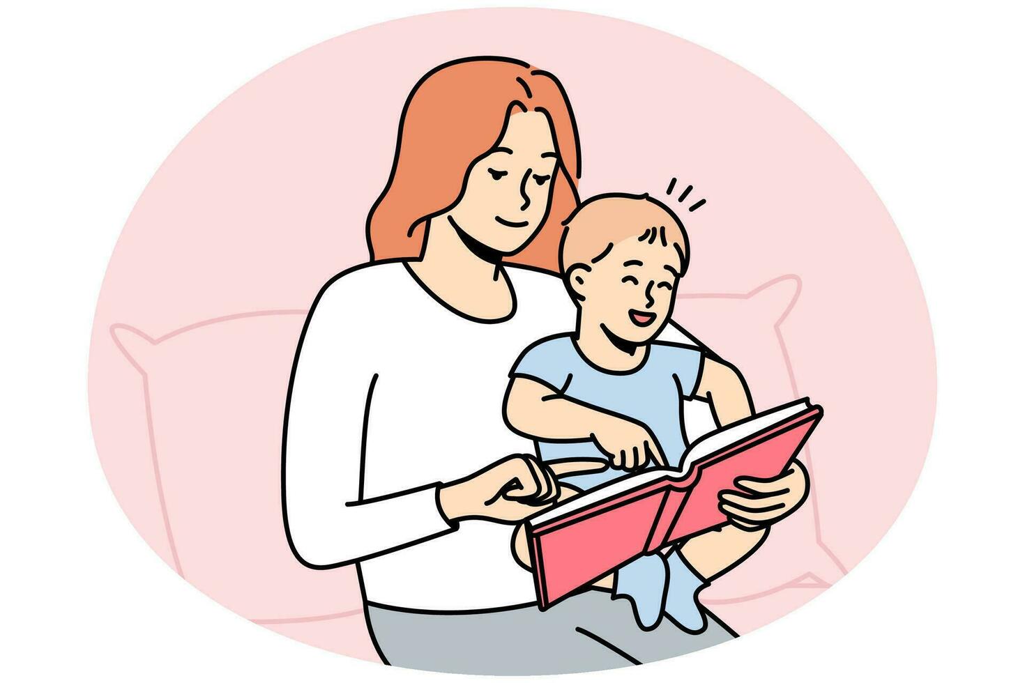 gelukkig zorgzaam jong moeder met weinig baby zuigeling lezing boek samen. glimlachen liefhebbend mam Speel met klein kind Bij huis. moederschap concept. vector illustratie.