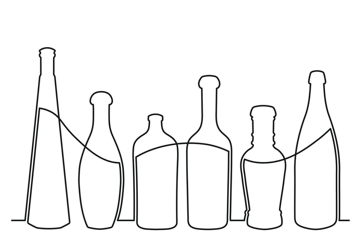schetsen tekening van een fles van verschillend vormen in de stijl van een solide doorlopend lijn. verzameling van alcoholisch drankjes vector