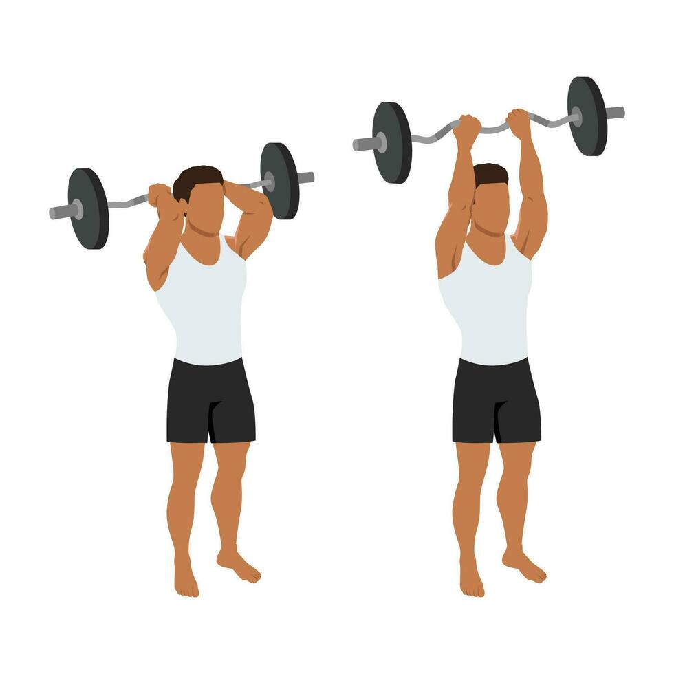 Mens aan het doen barbell omgekeerde grip triceps uitbreiding oefening. vector