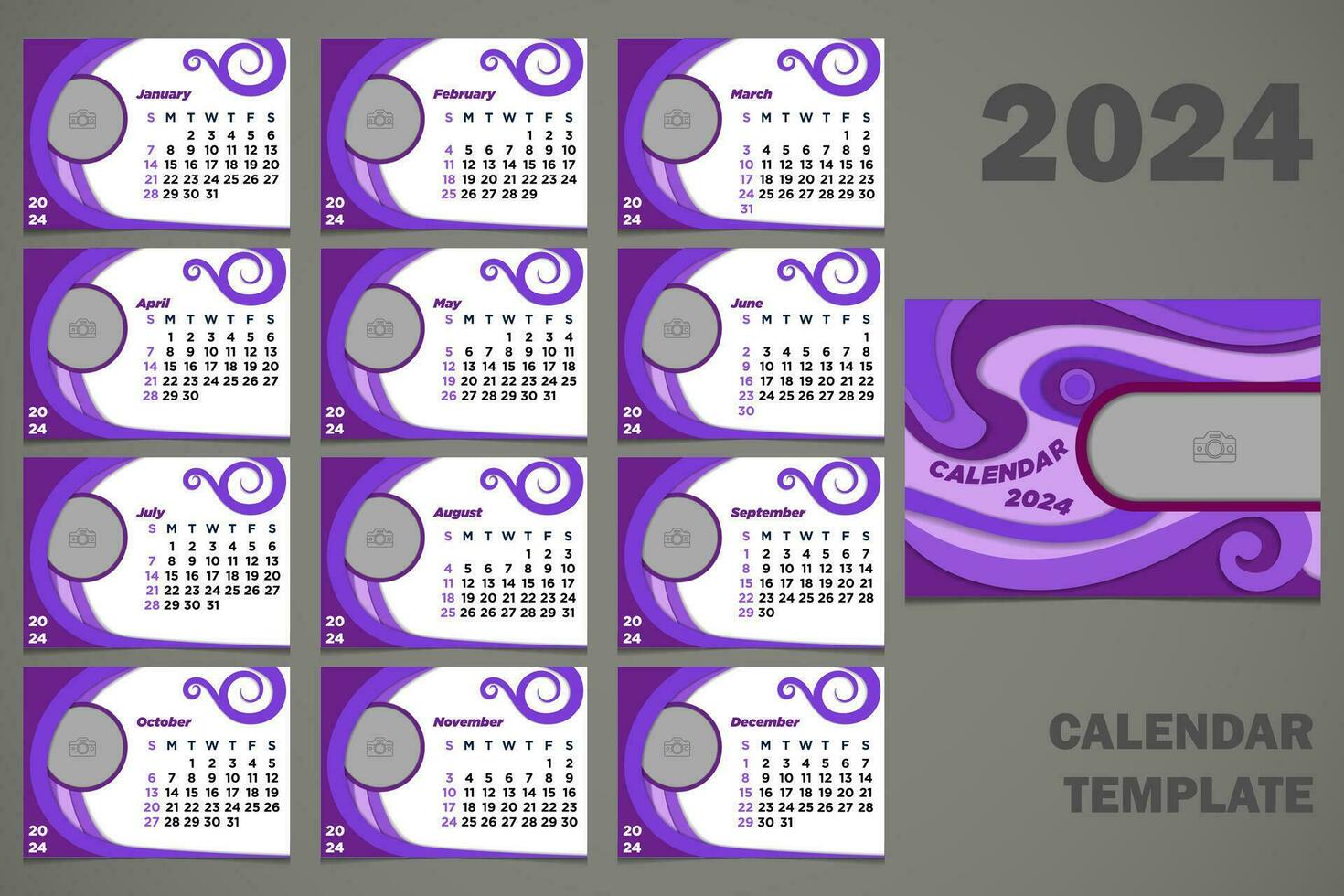 vector bureau kalender 2024 sjabloon abstract Purper papier besnoeiing thema's