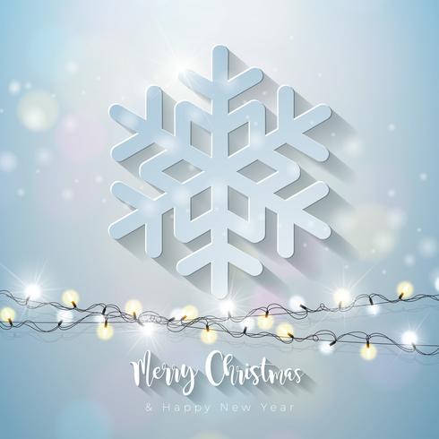 Prettige kerstdagen en gelukkig Nieuwjaar illustratie met 3D-sneeuwvlok en lichte Garland op glanzende achtergrond. Vector vakantie ontwerp voor Premium wenskaart, uitnodiging voor feest of promotie banner.