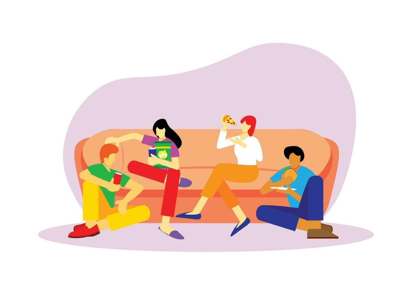 vrienden zittend Aan sofa genieten van snel voedingsmiddelen zo net zo pizza, hamburger, cokes, en tussendoortje vector