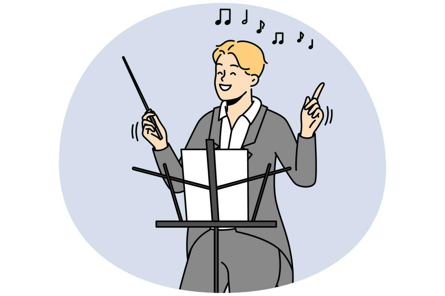 glimlachen mannetje geleider in formele kleding houden stok werken in concert hal. gelukkig Mens musicus of artiest met stok gedrag prestatie. vector illustratie.