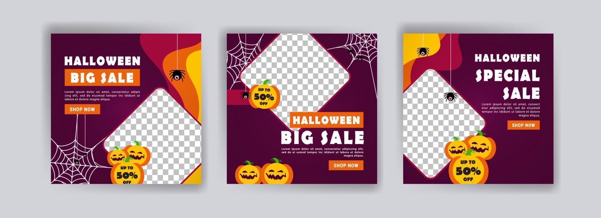 social media postsjabloon voor halloween-uitverkoop. verkoopbanner voor halloween-viering. vector