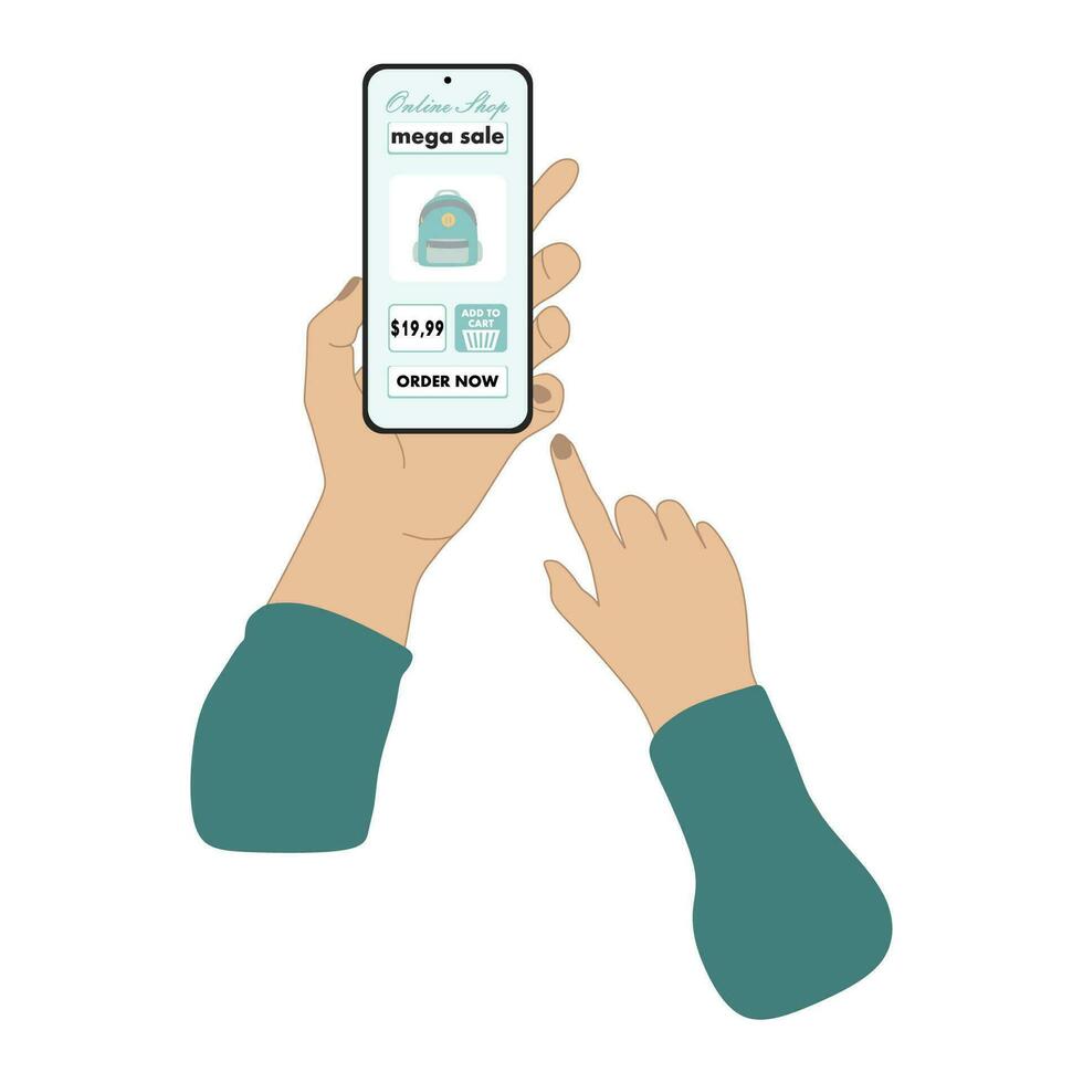 hand- Holding smartphone met online boodschappen doen app concept. technologie voor online bedrijf met wit achtergrond vector illustratie. vlak stijl e-commerce apparaatje. tekst winkel nu, toevoegen naar kar knop.