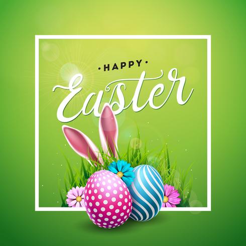 Vectorillustratie van Happy Easter Holiday met geschilderd ei, konijn oren en bloem op glanzende groene achtergrond. Internationaal vieringsontwerp met typografie voor wenskaart, feestuitnodiging of promobanner. vector