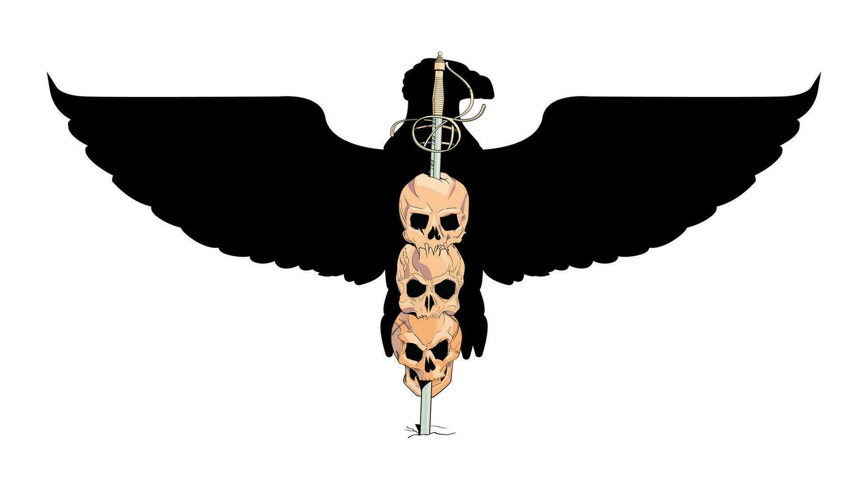 t-shirt ontwerp met drie schedels spies door een zwaard met een zwart adelaar in de achtergrond. illustratie over de verschrikkingen van oorlog. vector