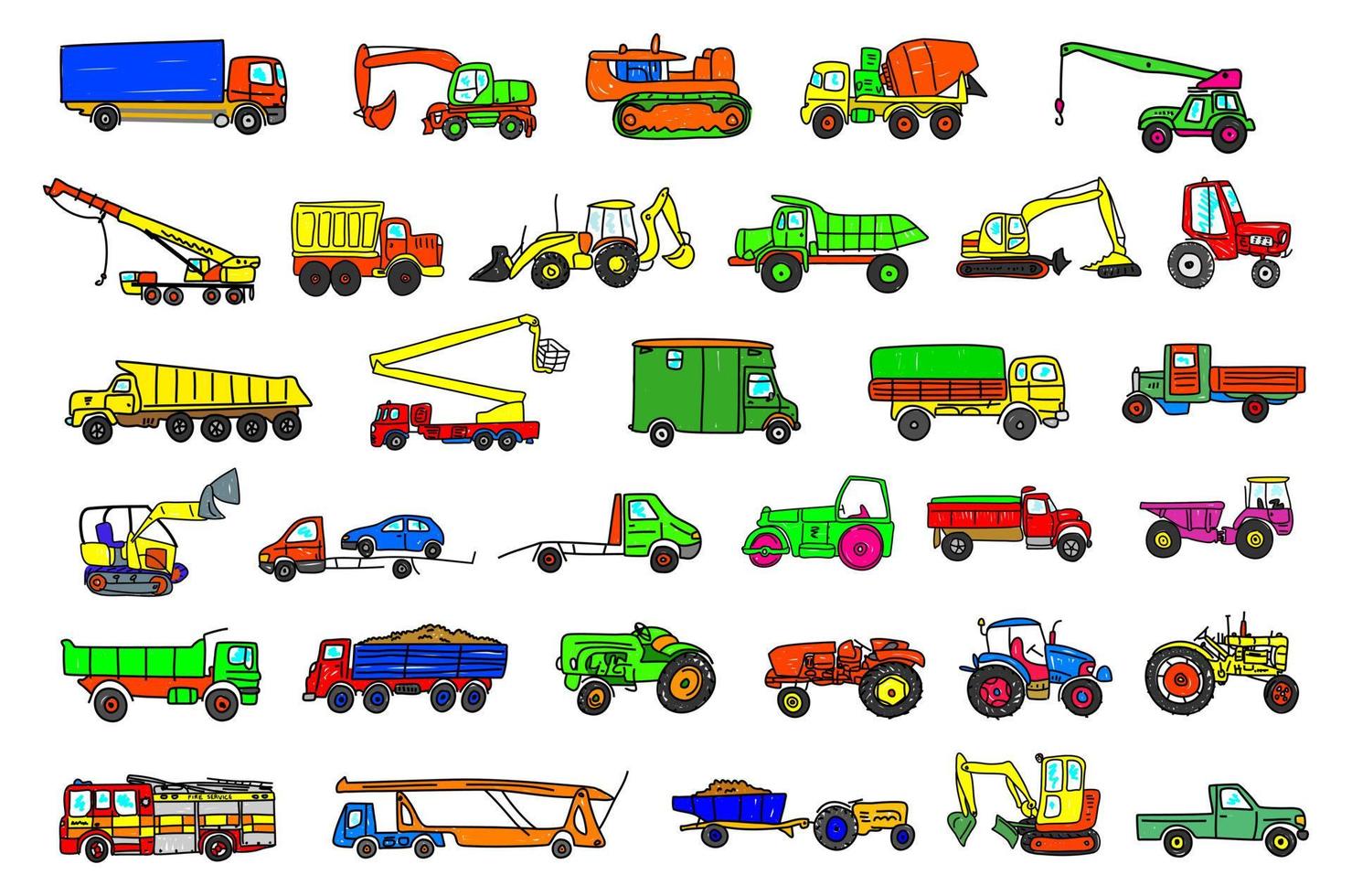 handgetekende vrachtwagentrekkers en gravers doodle set vector