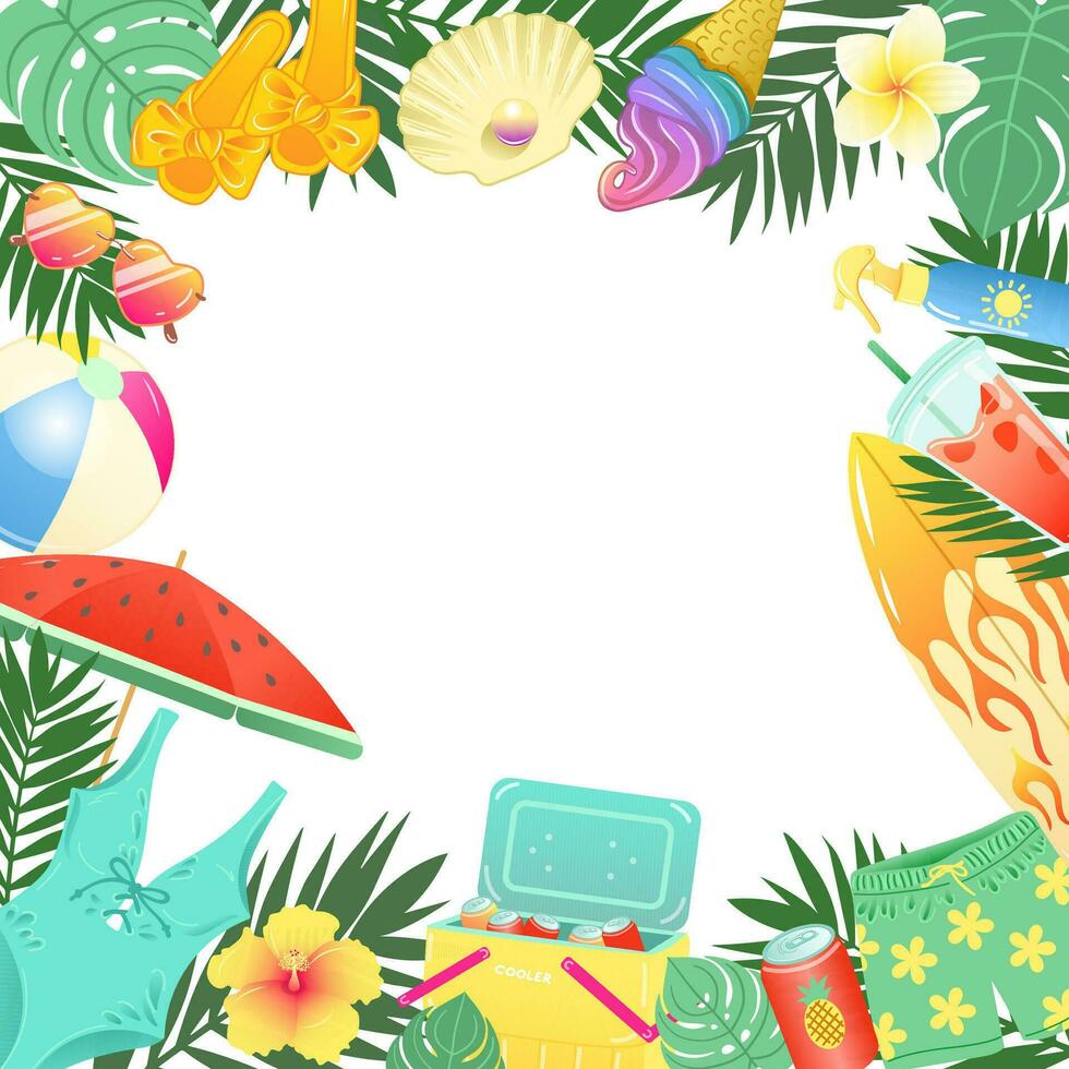 decoratief kader met zomer strand accessoires en tropisch bladeren in helder kleuren. vector illustratie