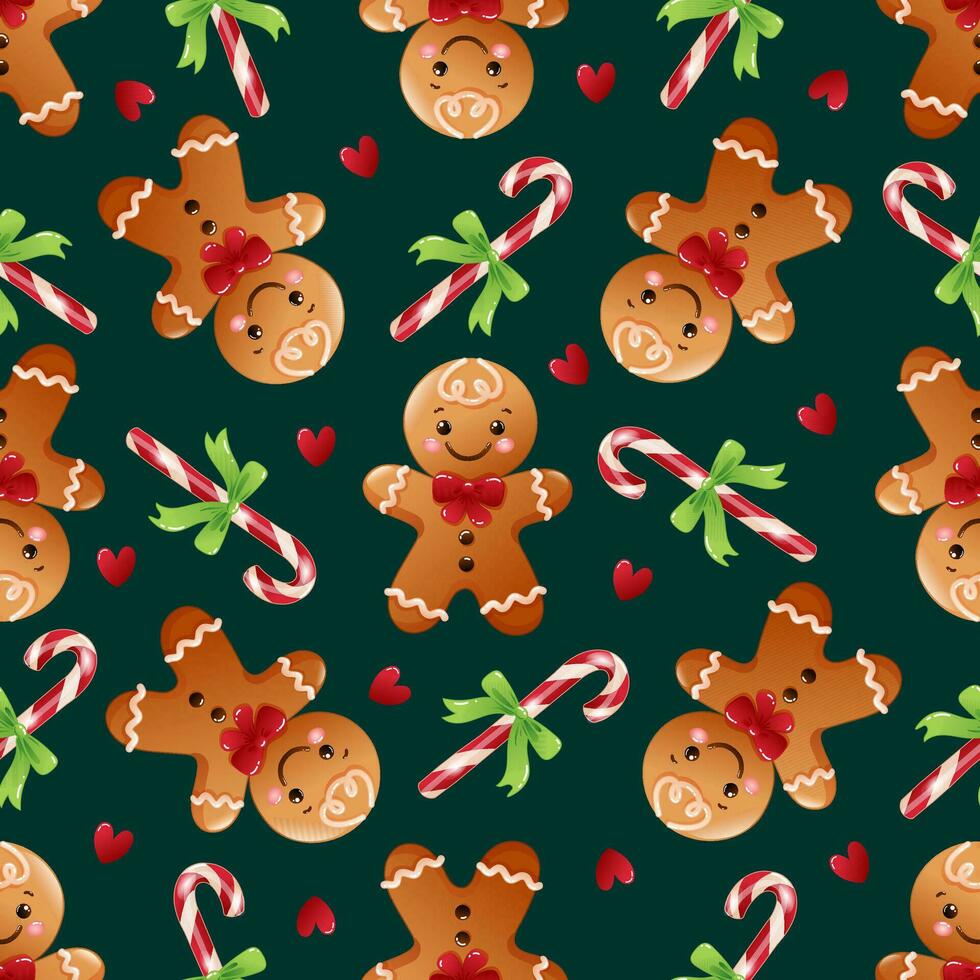 Kerstmis naadloos patroon met tekenfilm peperkoek mannen en snoep riet. hand- getrokken vector illustratie. grappig Kerstmis achtergrond