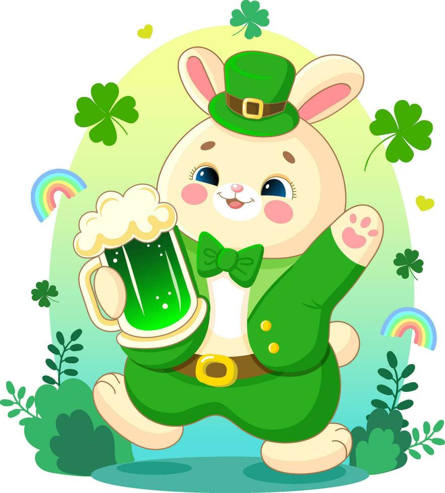 vector illustratie van een schattig konijn gekleed net zo een elf van Ierse folklore met een mok van bier voor sant Patrick dag