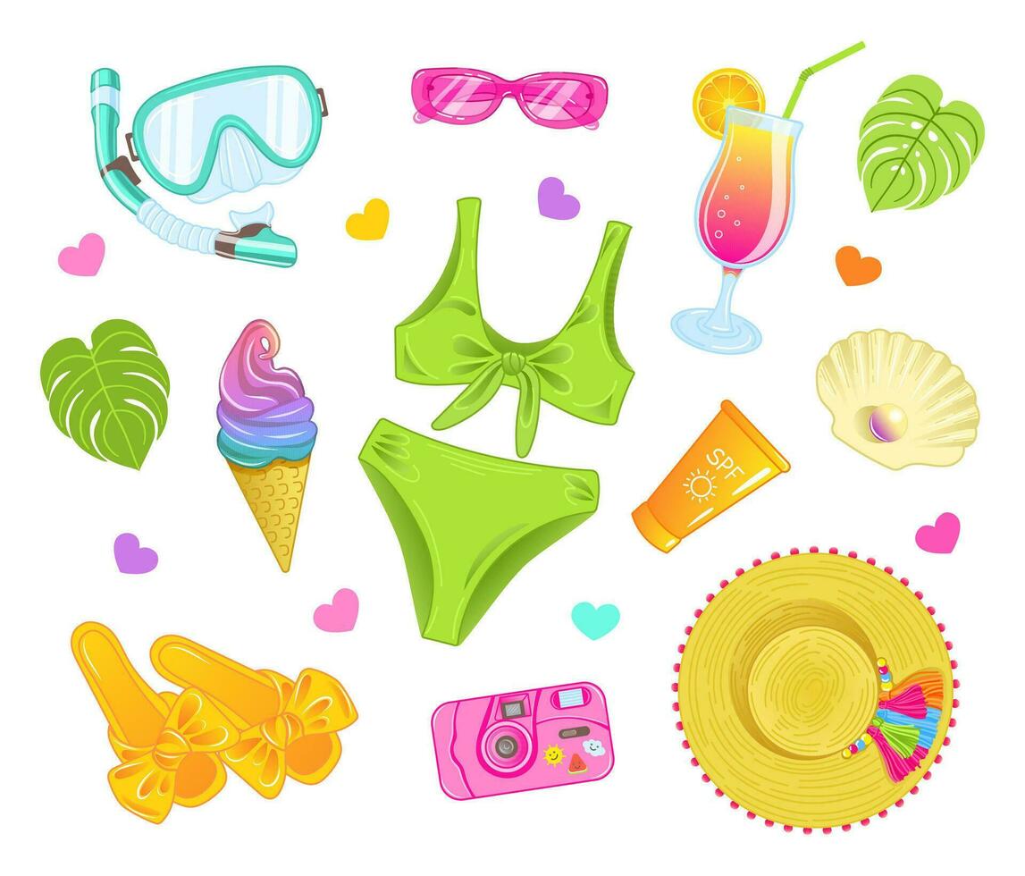 reeks van decoratief zomer elementen Aan een wit achtergrond. vector illustratie van strand accessoires in helder kleuren