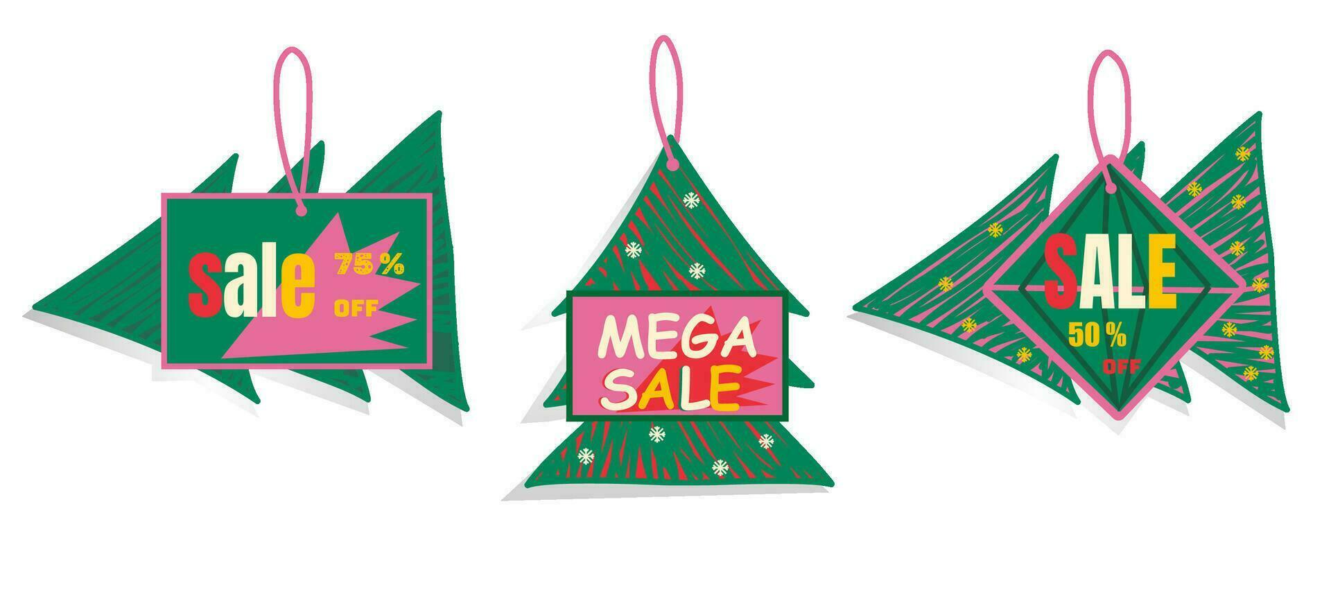 groot verkoop, kerstmis boom labels, korting, etiket, spandoek vector