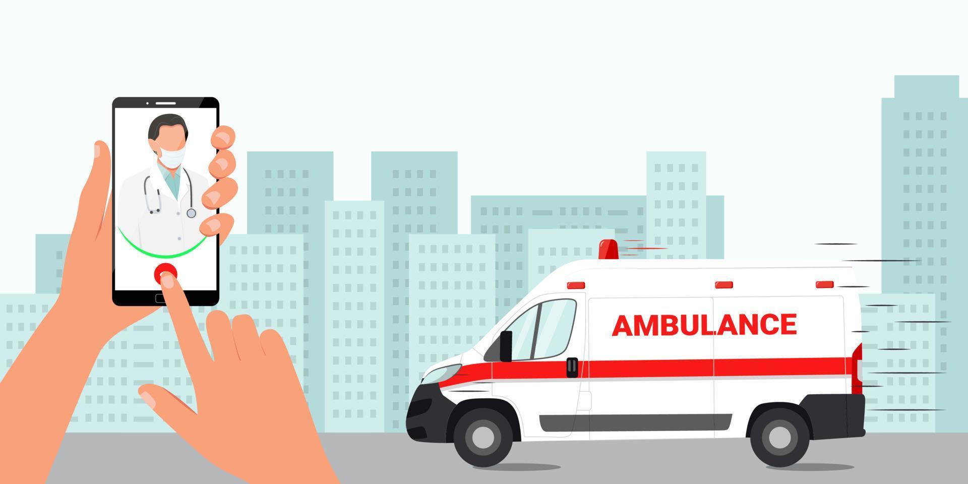 telefonisch een arts bellen. de ambulance staat paraat. vector illustratie