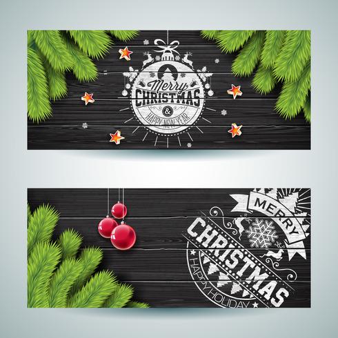 Vector Merry Christmas-bannerillustratie met typografieontwerp en de tak van de pijnboomboom op uitstekende houten achtergrond.