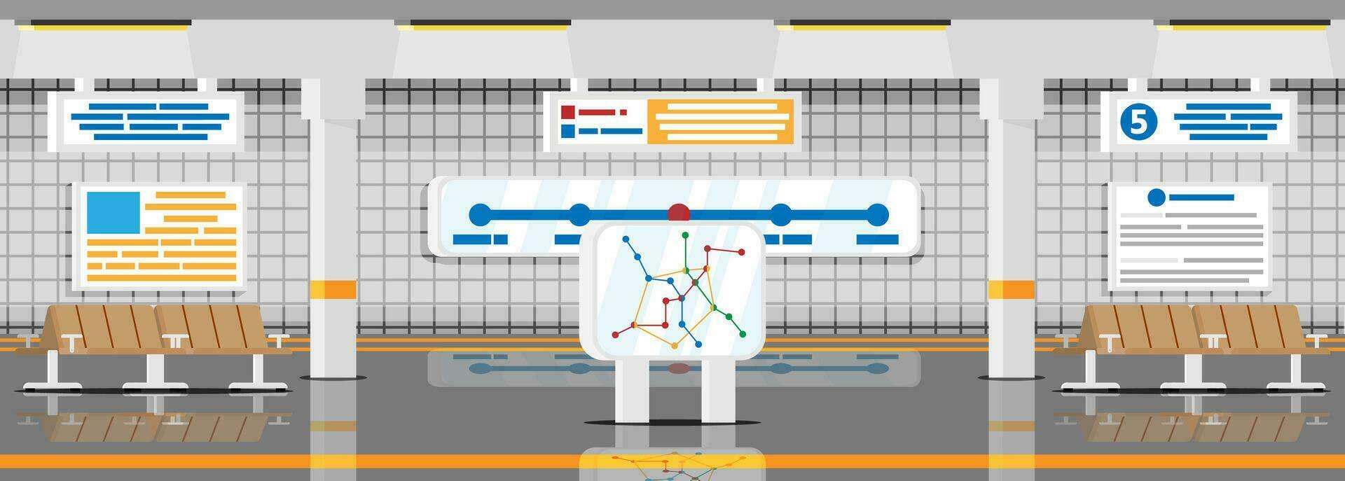 leeg metro station interieur. trein en ondergronds platform. spoorweg metro station. passagier uitdrukken spoorweg. spoorweg openbaar vervoer. snel vervoer. vlak vector illustratie