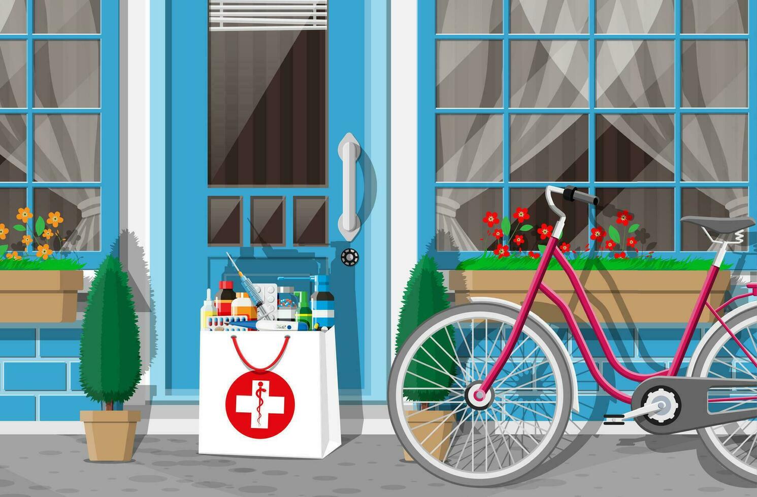 papier zak van verdovende middelen links Bij deur van leven huis. medisch drug levering van apotheek of ziekenhuis. flessen, tabletten, pillen, capsules en sprays voor ziekte uitdrukken levering. vlak vector illustratie