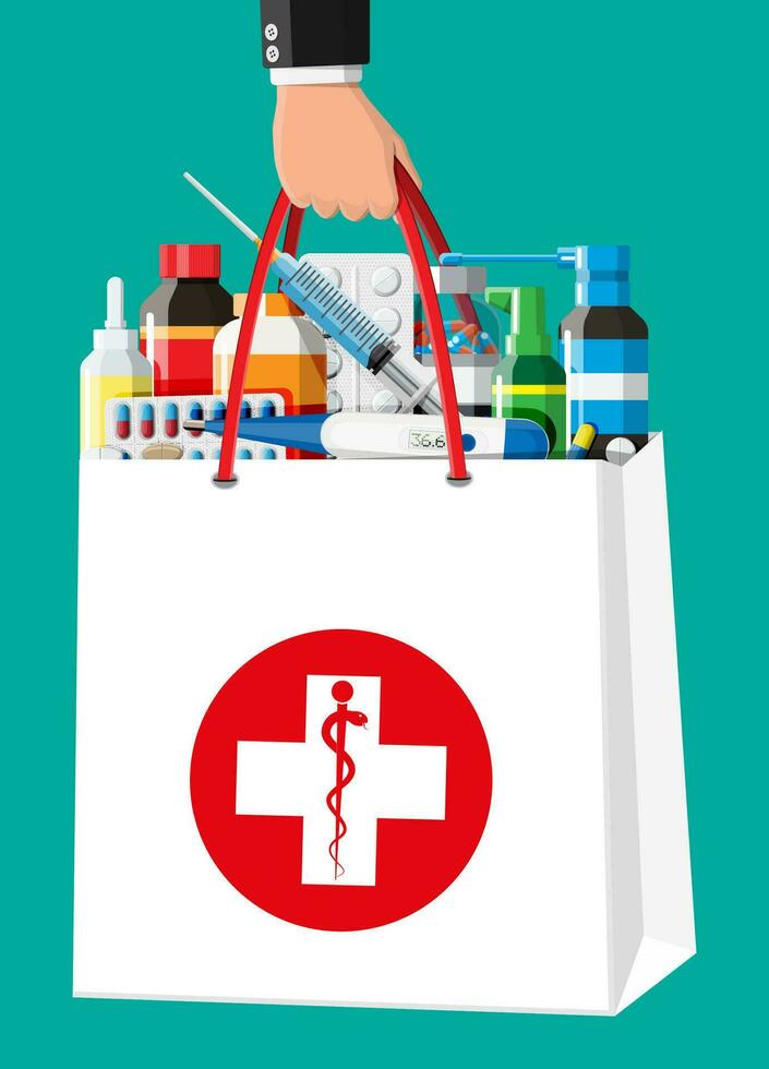 geneeskunde verzameling in tas. reeks van flessen, tabletten, pillen, capsules en sprays voor ziekte en pijn behandeling. medisch medicijn, vitamine, antibiotica. apotheek levering. vlak vector illustratie